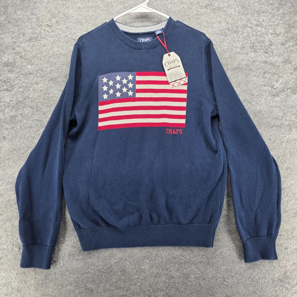 Chaps Sweater Mens S Blue Crew Neck Pullover American Flag 100% Cotton Logo